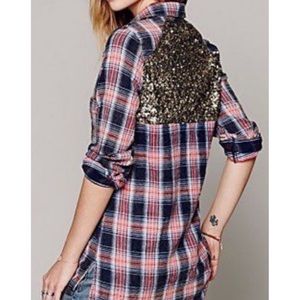 Free People Little Bit of Sugar Plaid Sequined Flannel Shirt, sz Small
